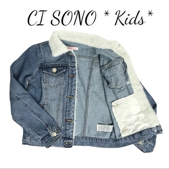 NWT CI SONO * Kids* Medium Wash Distressed Denim & Faux Fur Jacket - Picture 1 of 11